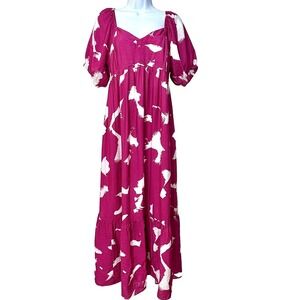 Nine West Pink Babydoll Tiered Maxi Dress Medium Beachy Boho Peasant Cottage